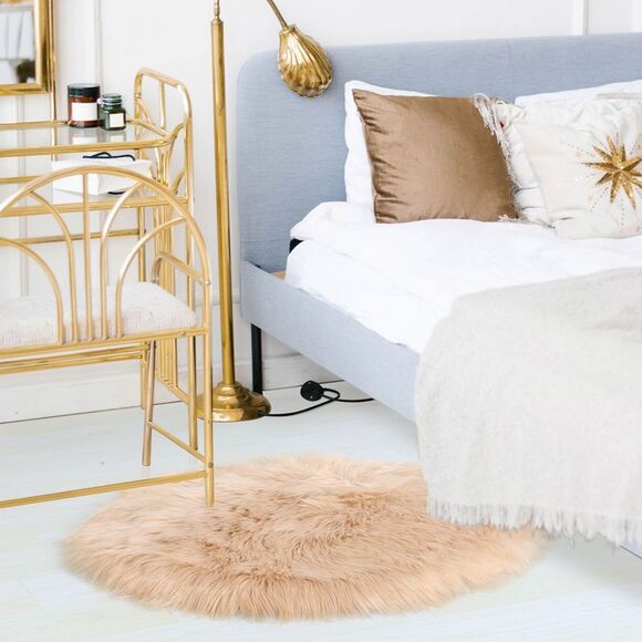 Faux Fur Round Rug Fluffy Area Rugs for Bedroom 3 x 3 Feet Khaki - Picture 2 of 6